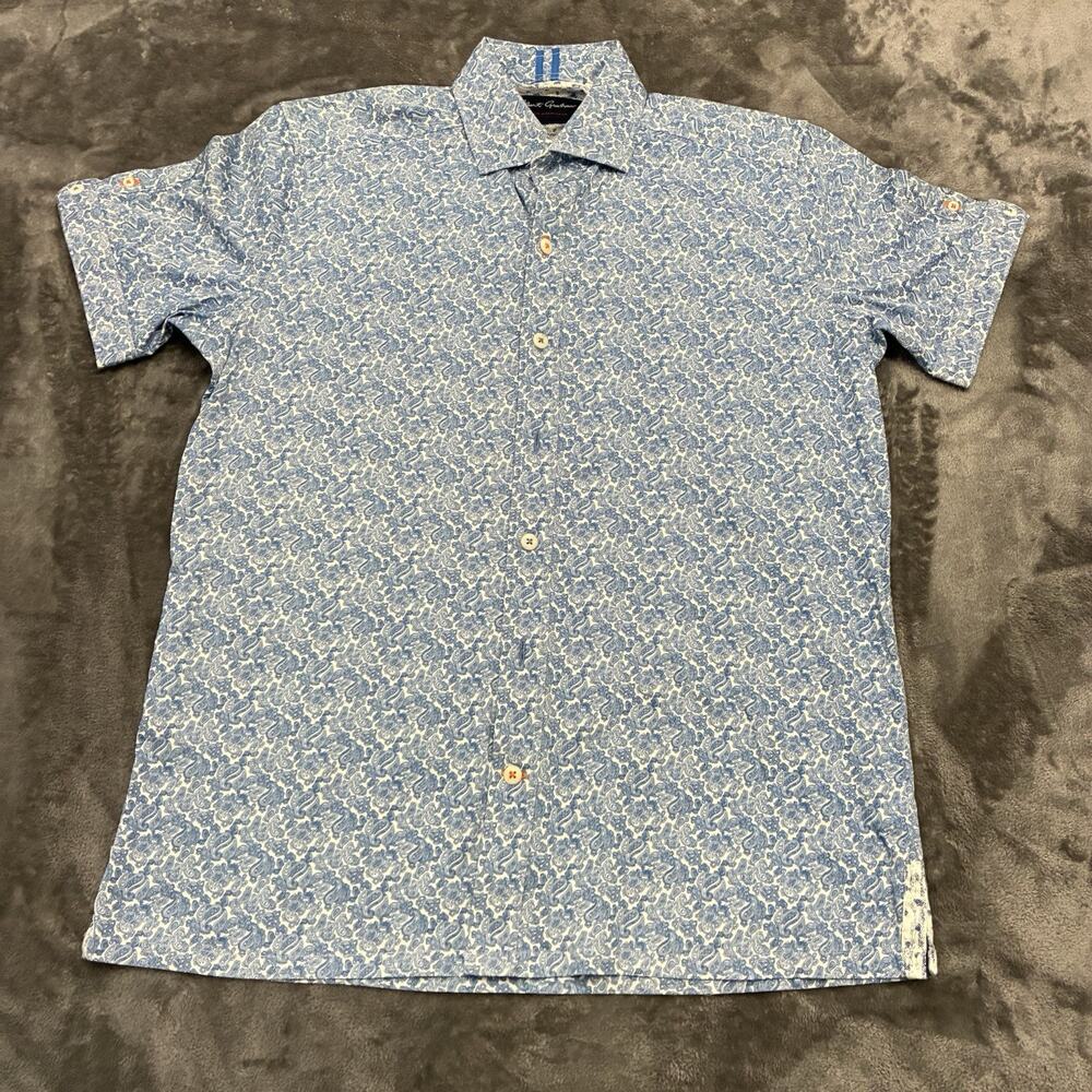 Robert Graham Shirt Men’s M Blue White Kaanapali Paisley Stretch Short Sleeve